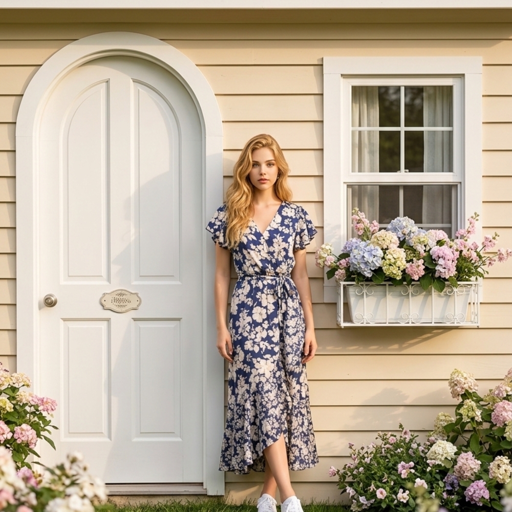 Nicole Miller Navy and Cream Floral Midi Dress